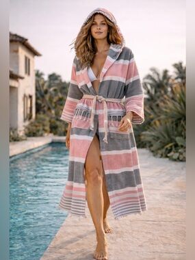 Boho Turkish Cotton Hooded Towel Robe | Pink Gray Stripe Beach Pool Spa Cover Up